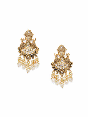 Rubans Gold-Toned Chandelier Earrings with Dangling Pearls Earrings