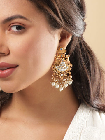 Rubans Gold-Toned Chandelier Earrings with Dangling Pearls Earrings