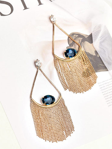 Rubans Gold Toned contemporary Blue Cristal Studded Drop Earrings Earrings