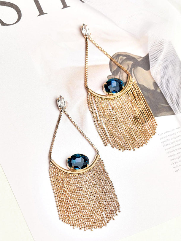 Rubans Gold Toned contemporary Blue Cristal Studded Drop Earrings Earrings