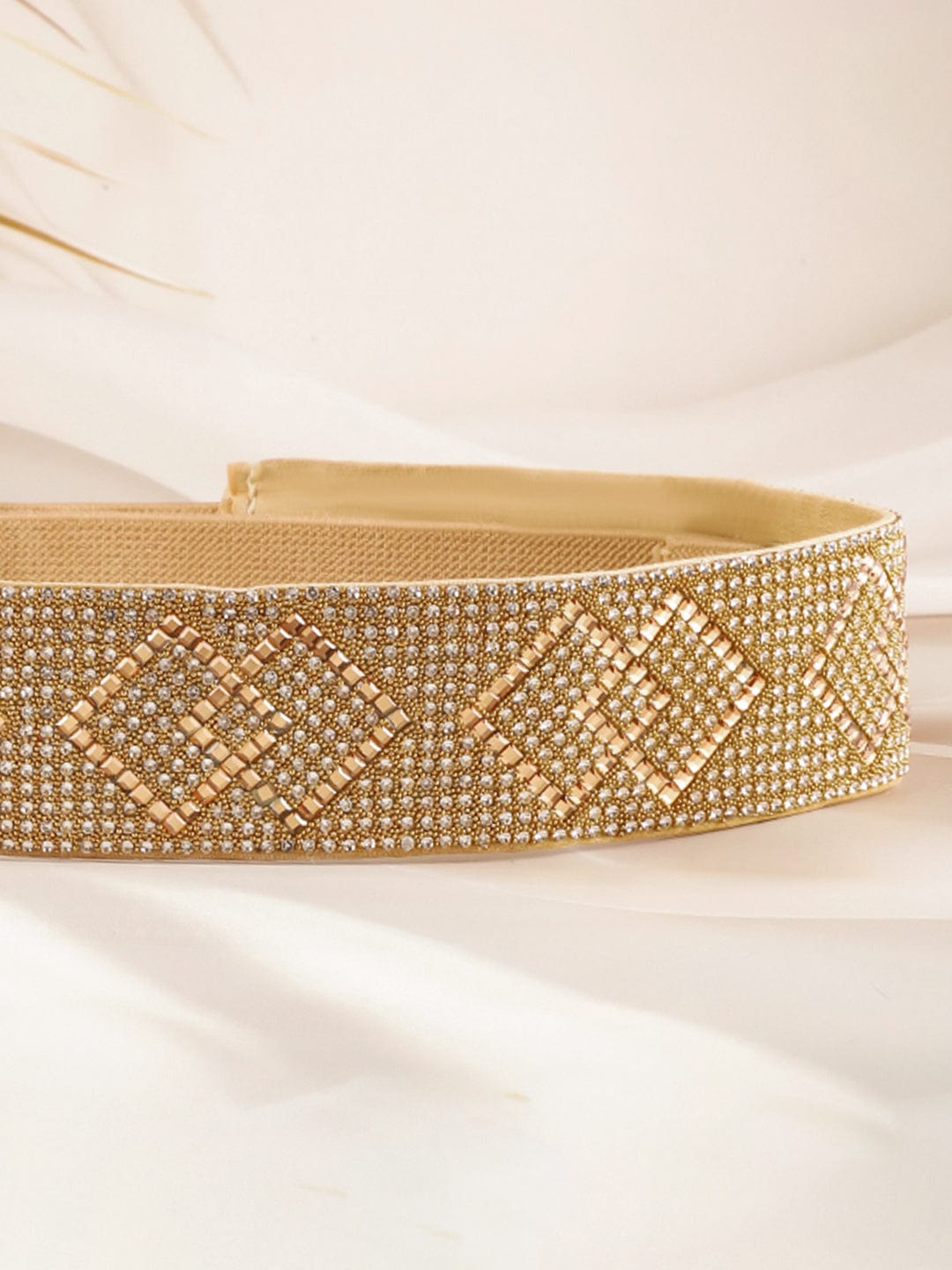 Rubans Gold-Toned Crystal Zirconia Studded Geometric Design Adjustable Waist Belt Belts