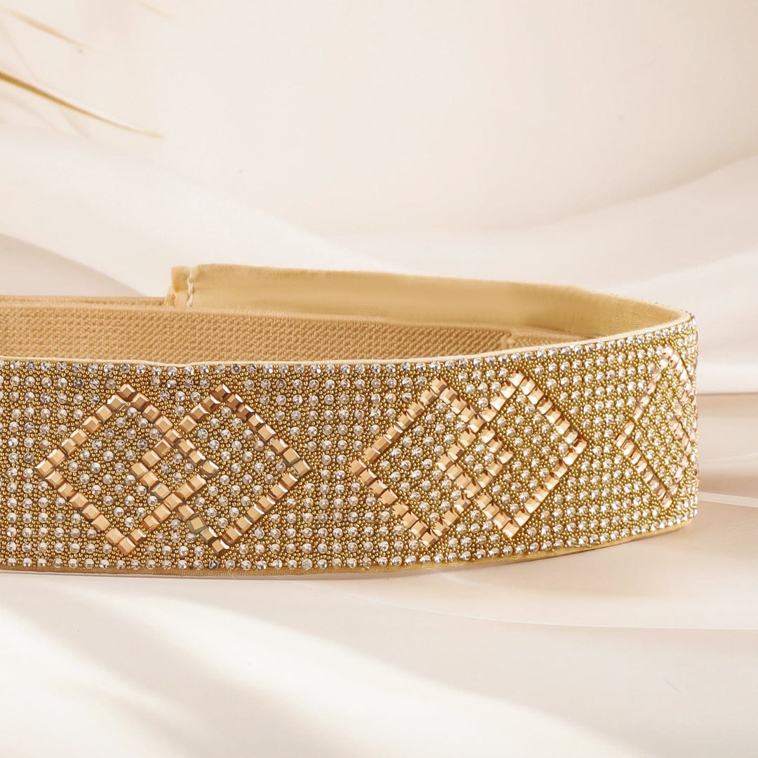 Rubans Gold-Toned Crystal Zirconia Studded Geometric Design Adjustable Waist Belt Belts