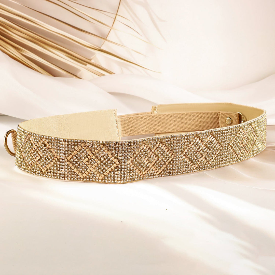 Rubans Gold-Toned Crystal Zirconia Studded Geometric Design Adjustable Waist Belt Belts