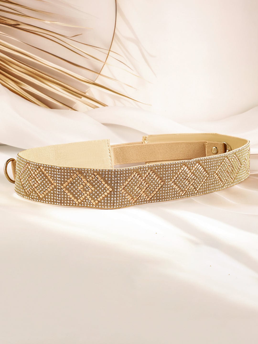 Rubans Gold-Toned Crystal Zirconia Studded Geometric Design Adjustable Waist Belt Belts