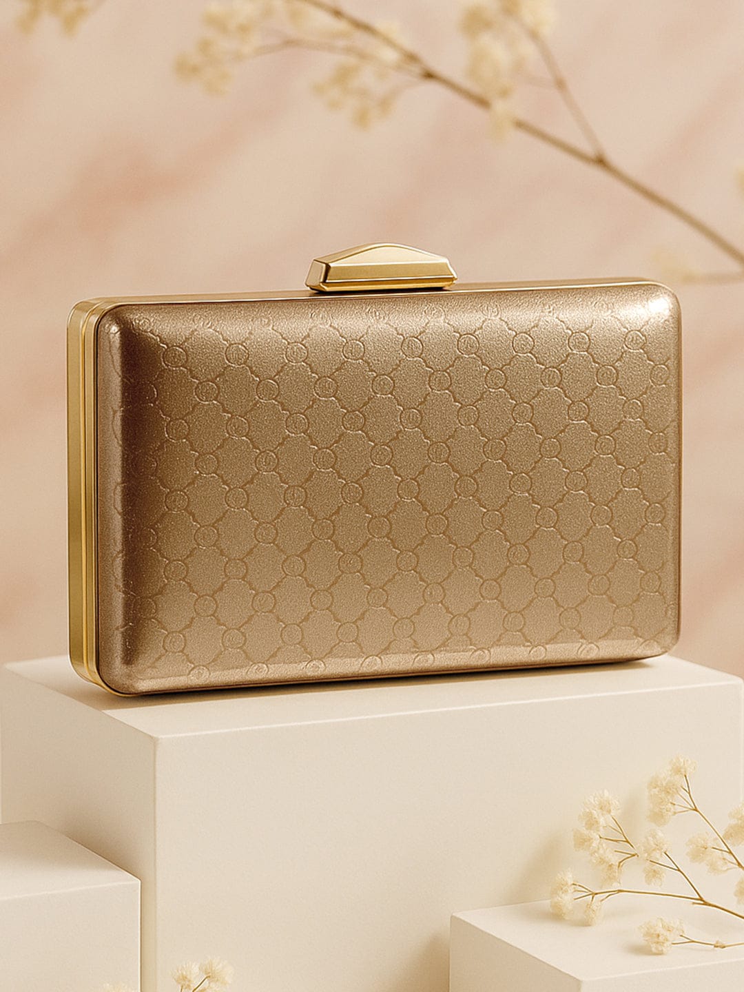 Rubans Gold-Toned Embossed Pattern Box Clutch with Metallic Frame & Snap Closure Bags