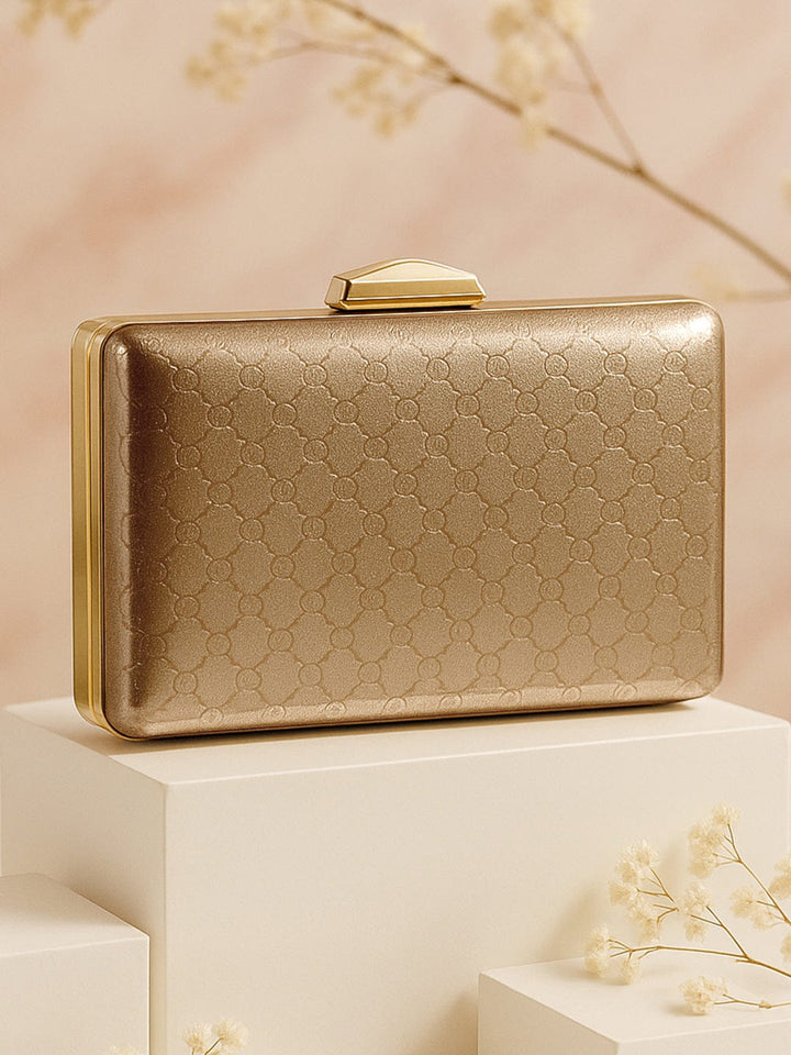 Rubans Gold-Toned Embossed Pattern Box Clutch with Metallic Frame & Snap Closure Bags
