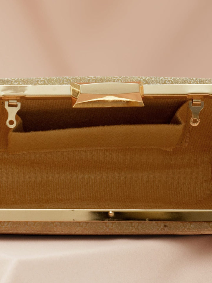Rubans Gold-Toned Embossed Pattern Box Clutch with Metallic Frame & Snap Closure Bags
