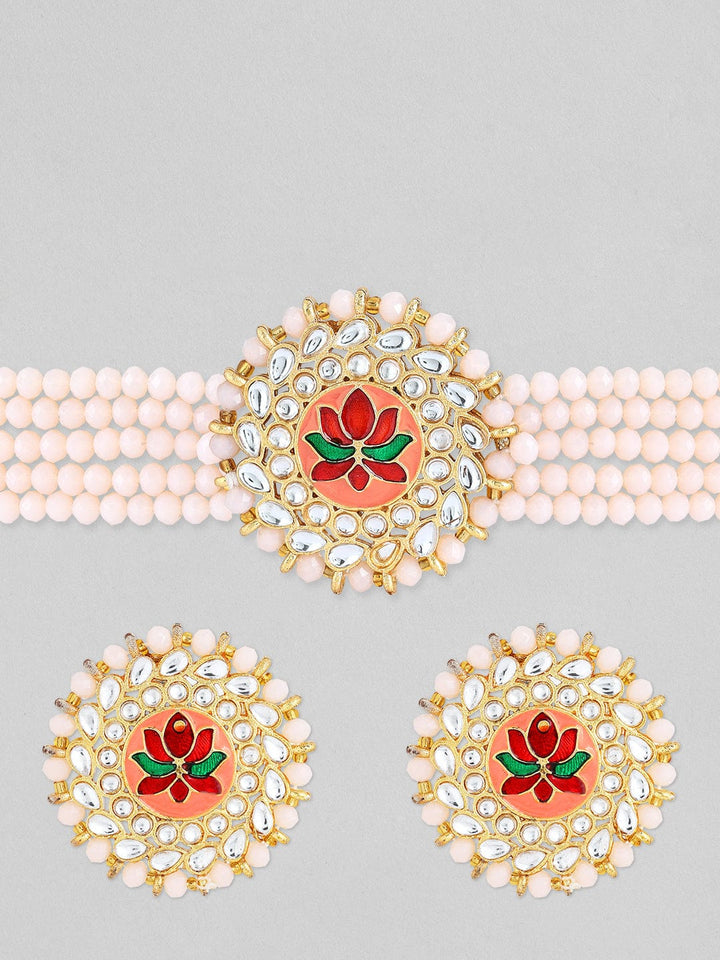 Rubans Gold-Toned Gold Plated Stone Kundan Studded & Beaded Choker Set Necklace Set