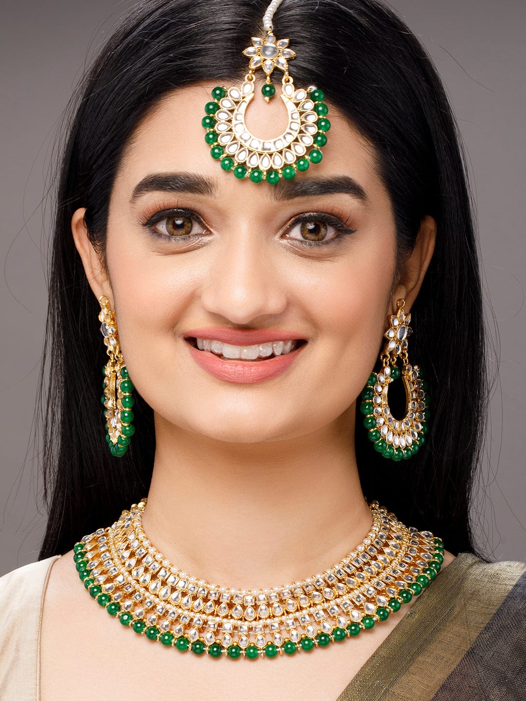 Rubans Gold-Toned Green Kundan Studded Necklace Set Necklace Set