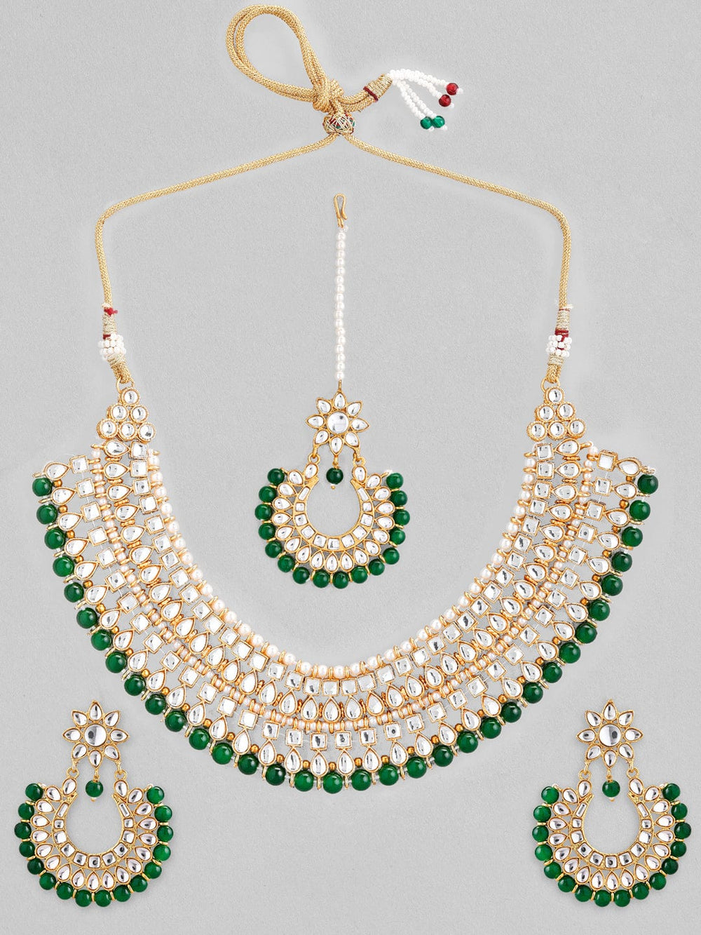 Rubans Gold-Toned Green Kundan Studded Necklace Set Necklace Set