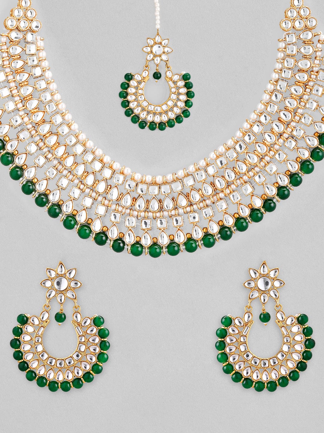 Rubans Gold-Toned Green Kundan Studded Necklace Set Necklace Set