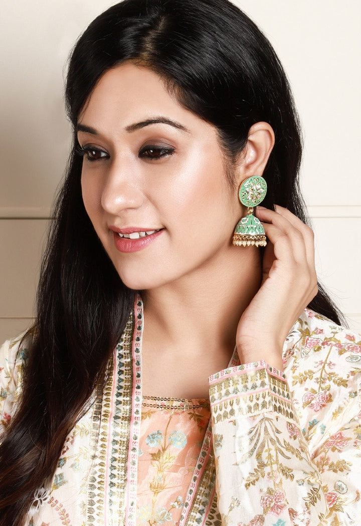 Rubans Gold Toned Handcrafted Enamel Stone Jhumka Earring Earrings