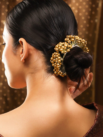 Rubans Gold-Toned Handcrafted Hair Bun Accessory with Golden Pearl Beads Hair Accessories