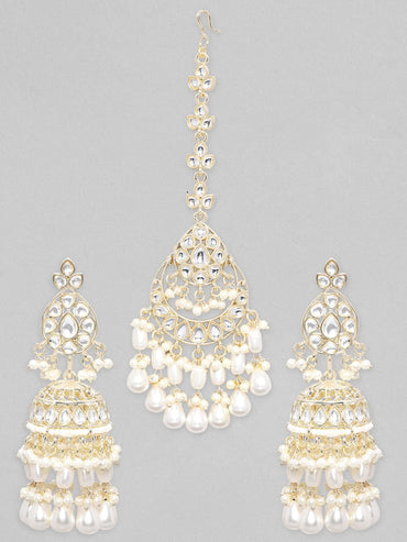 Rubans Gold Toned Kundan Stone Studded With Pearls Mangtikka & Earring Set. Jewelry Sets