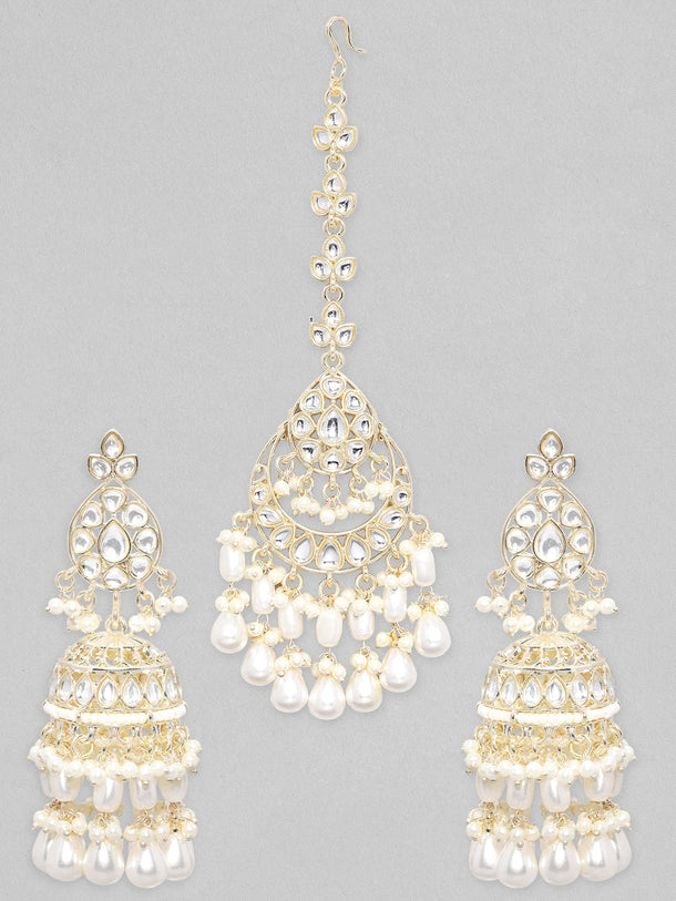 Rubans Gold Toned Kundan Stone Studded With Pearls Mangtikka & Earring Set. Jewelry Sets