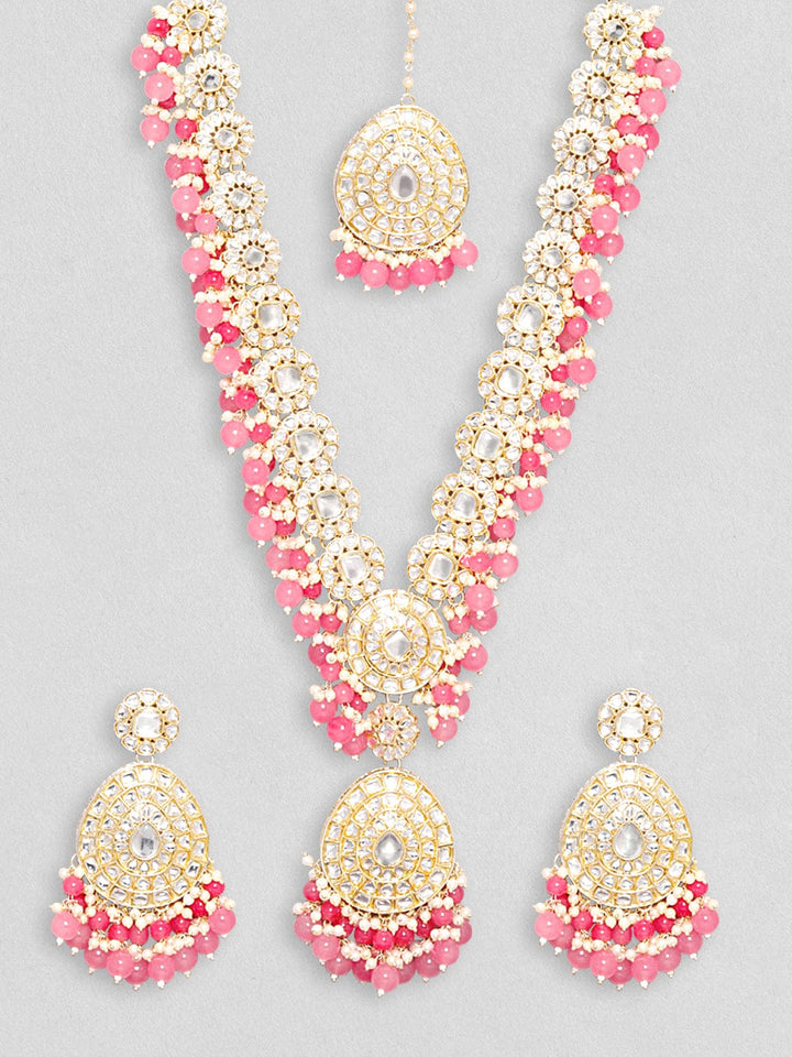 Rubans Gold Toned Kundan Stone With Pink Beaded Jewellery Set Necklace Set