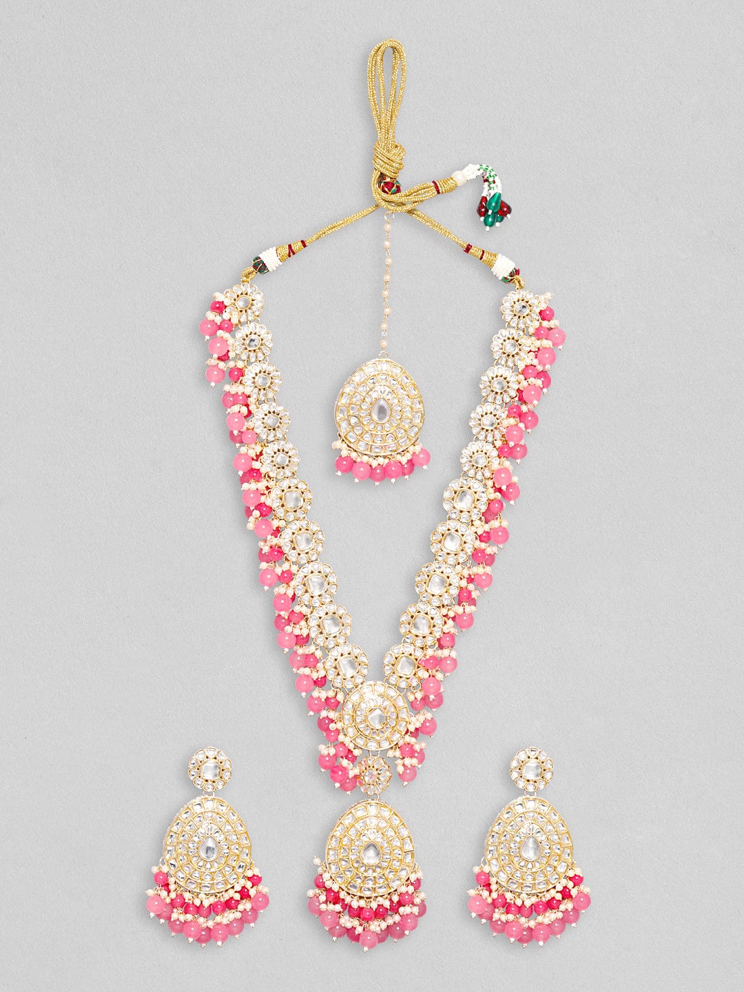 Rubans Gold Toned Kundan Stone With Pink Beaded Jewellery Set Necklace Set