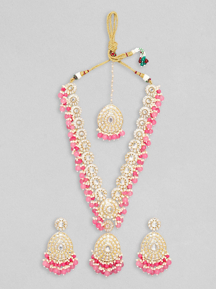 Rubans Gold Toned Kundan Stone With Pink Beaded Jewellery Set Necklace Set