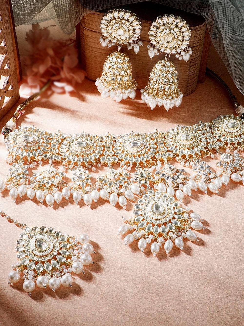 Rubans Gold Toned Kundan Stones With Pearls Choker Set Necklace Set
