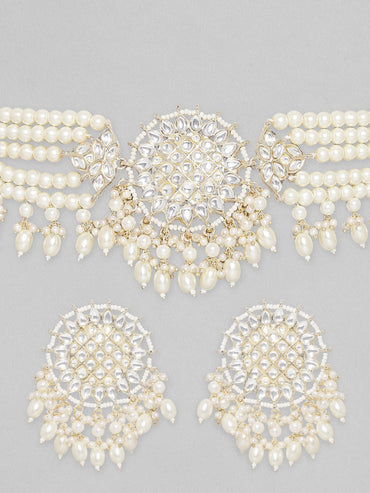 Rubans Gold Toned Kundan Studded Choker Set With Pearl Hangings. Necklace Set