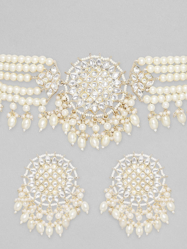 Rubans Gold Toned Kundan Studded Choker Set With Pearl Hangings. Necklace Set