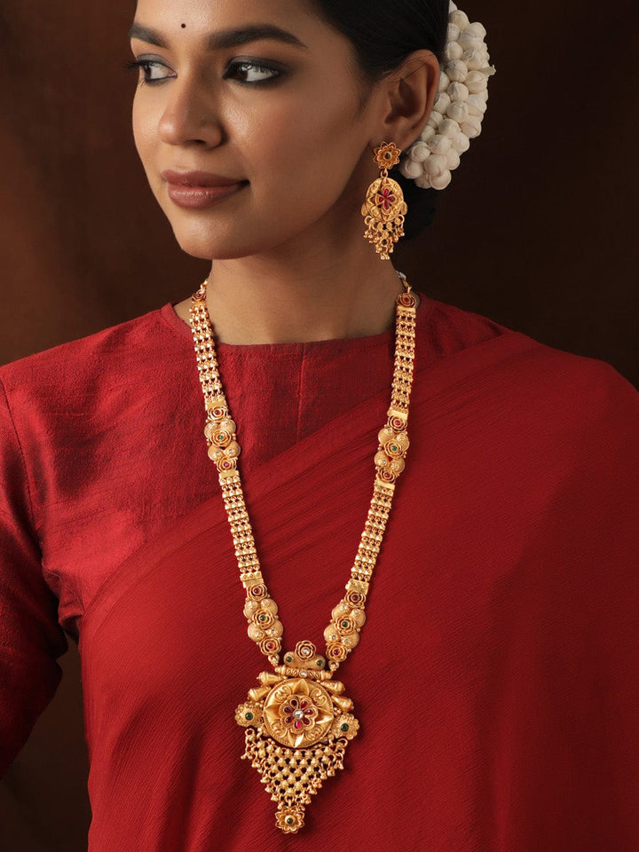 Rubans Gold-Toned Long Necklace Set with Ravishing Red and Green Stones Jewellery Sets