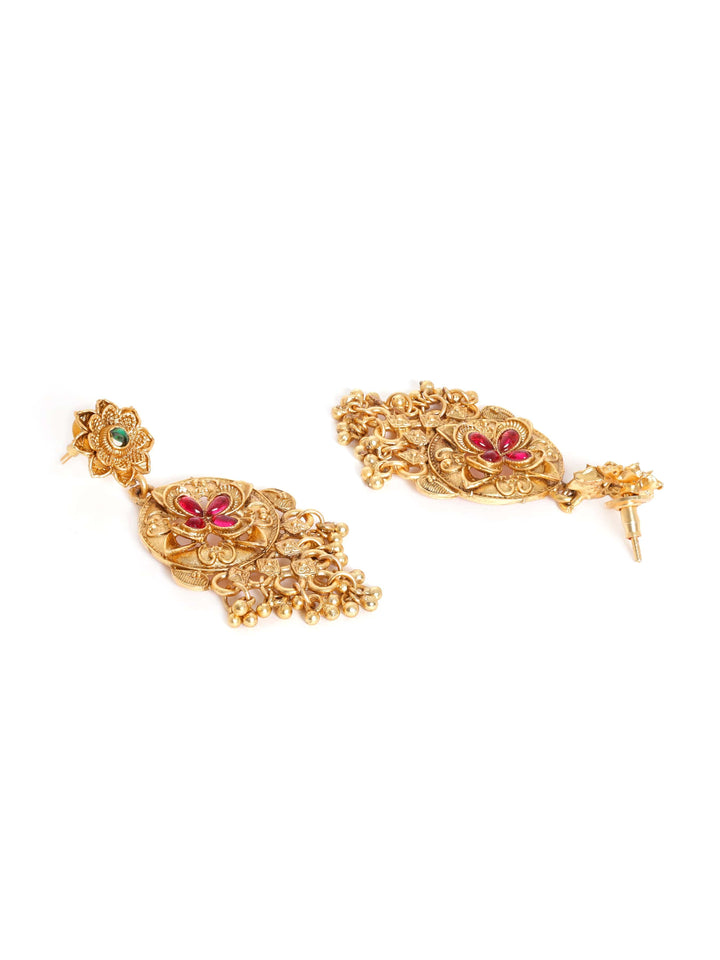 Rubans Gold-Toned Long Necklace Set with Ravishing Red and Green Stones Jewellery Sets