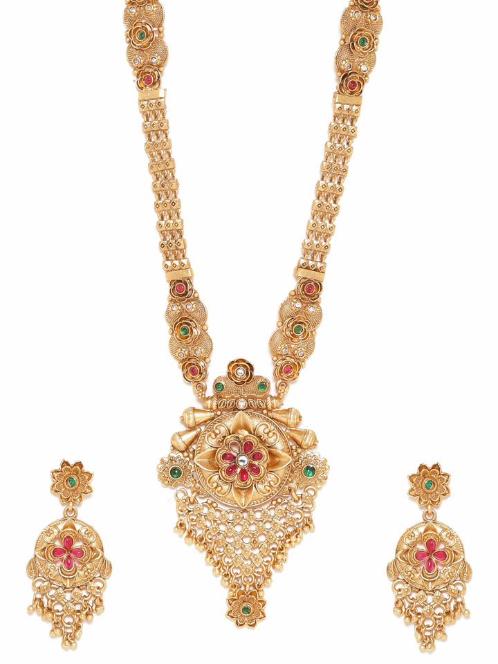 Rubans Gold-Toned Long Necklace Set with Ravishing Red and Green Stones Jewellery Sets