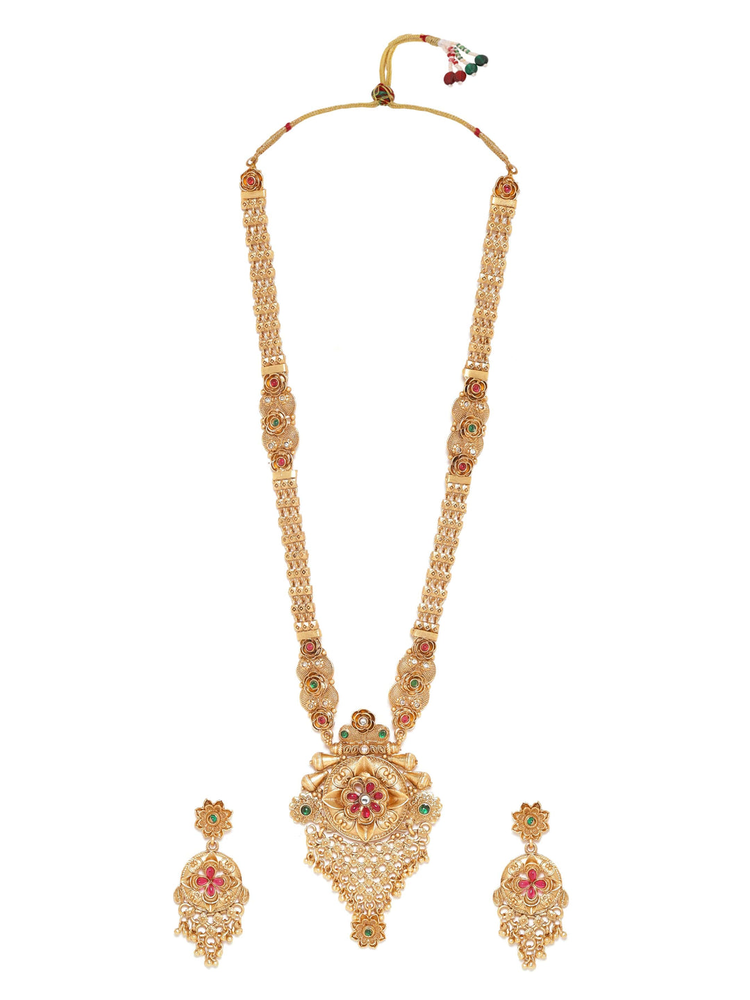 Rubans Gold-Toned Long Necklace Set with Ravishing Red and Green Stones Jewellery Sets