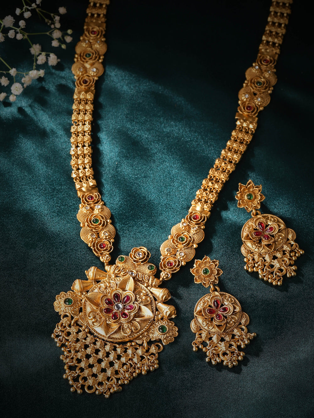 Rubans Gold-Toned Long Necklace Set with Ravishing Red and Green Stones Jewellery Sets