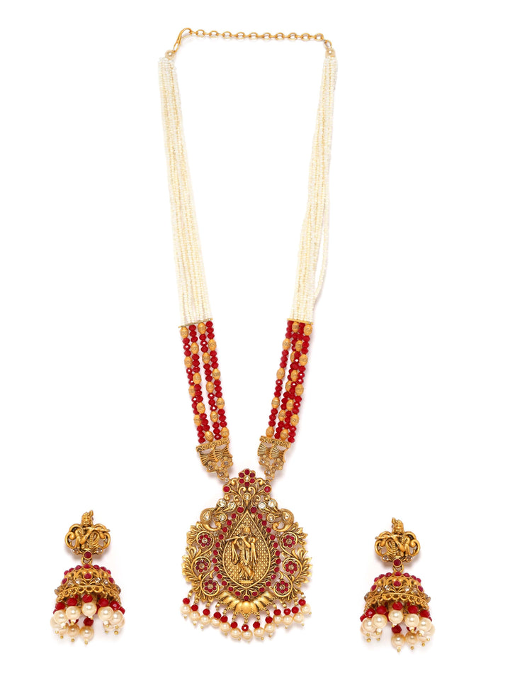 Rubans Gold-Toned Lord Krishna Temple Jewellery with White and Red Beads Chain Jewellery Sets