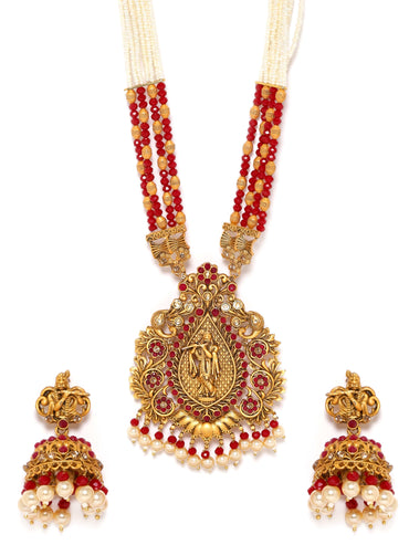 Rubans Gold-Toned Lord Krishna Temple Jewellery with White and Red Beads Chain Jewellery Sets