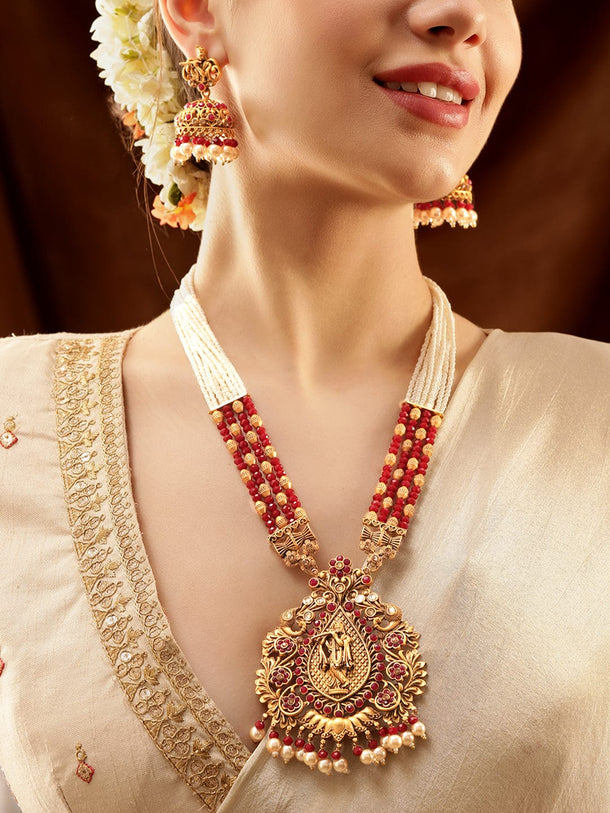 Rubans Gold-Toned Lord Krishna Temple Jewellery with White and Red Beads Chain Jewellery Sets