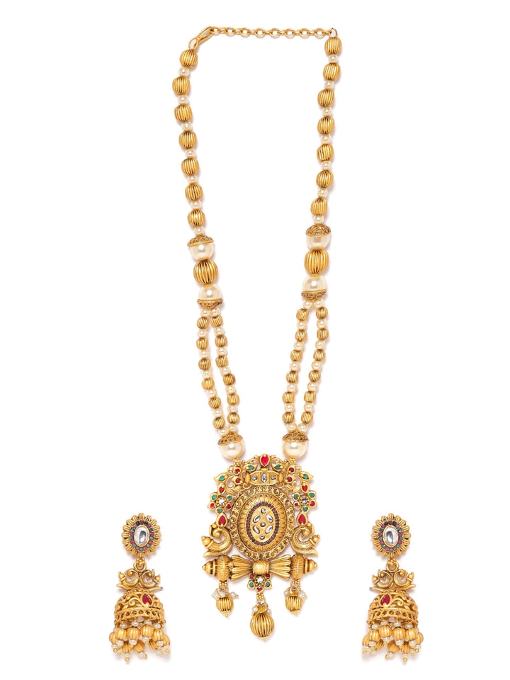 Rubans Gold-Toned Necklace Set with Gilded Pendant, Golden Beads, and White Pearl Chain Jewellery Sets