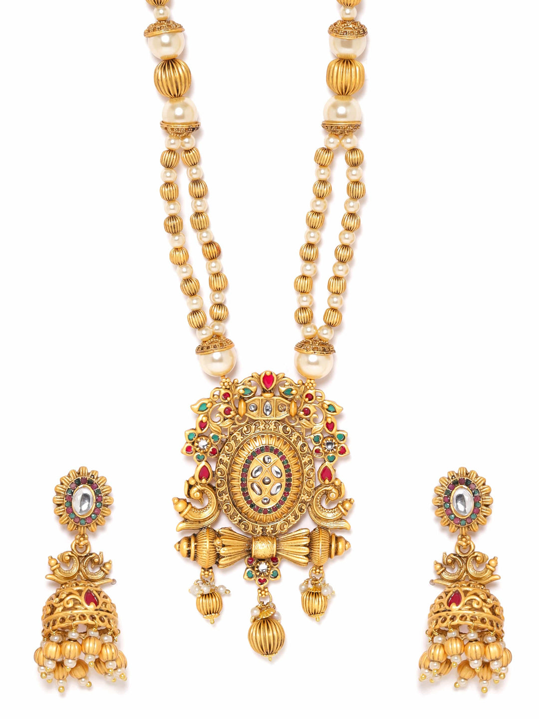 Rubans Gold-Toned Necklace Set with Gilded Pendant, Golden Beads, and White Pearl Chain Jewellery Sets