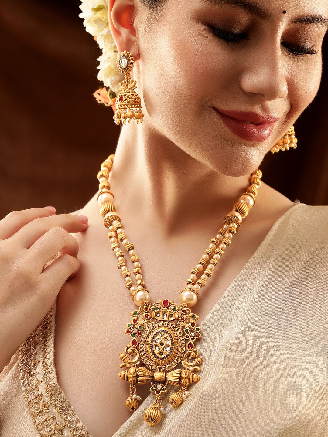 Rubans Gold-Toned Necklace Set with Gilded Pendant, Golden Beads, and White Pearl Chain Jewellery Sets