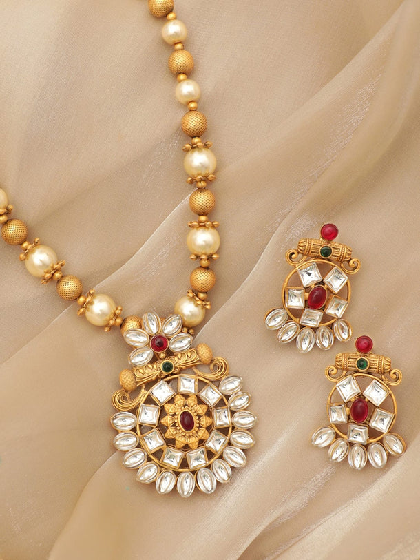 Rubans Gold-Toned Pendant with Dazzling Stones and Golden Off-White Pearls Chain Necklace Set Jewellery Sets