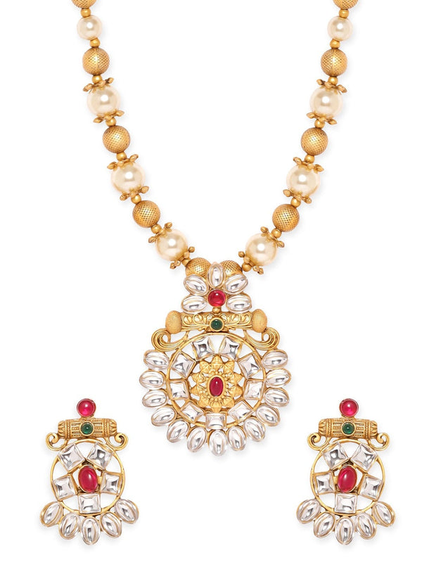Rubans Gold-Toned Pendant with Dazzling Stones and Golden Off-White Pearls Chain Necklace Set Jewellery Sets