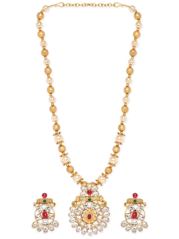 Rubans Gold-Toned Pendant with Dazzling Stones and Golden Off-White Pearls Chain Necklace Set Jewellery Sets