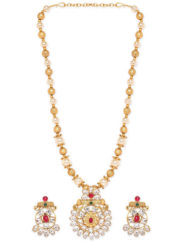 Rubans Gold-Toned Pendant with Dazzling Stones and Golden Off-White Pearls Chain Necklace Set Jewellery Sets