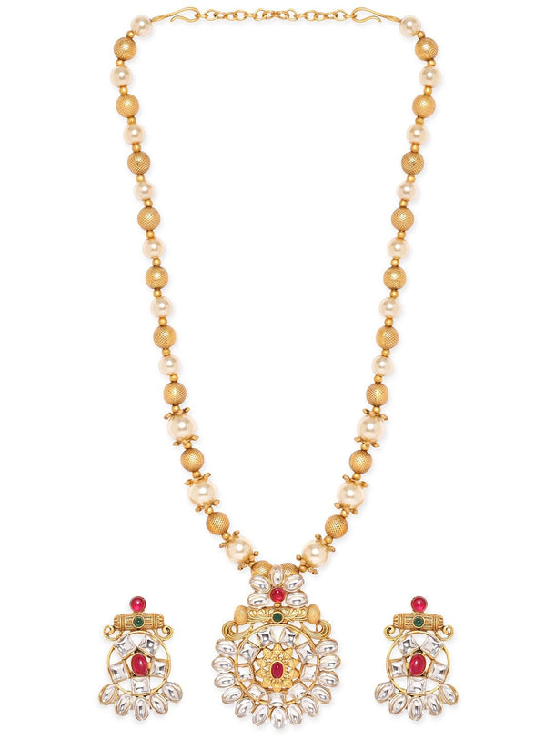 Rubans Gold-Toned Pendant with Dazzling Stones and Golden Off-White Pearls Chain Necklace Set Jewellery Sets
