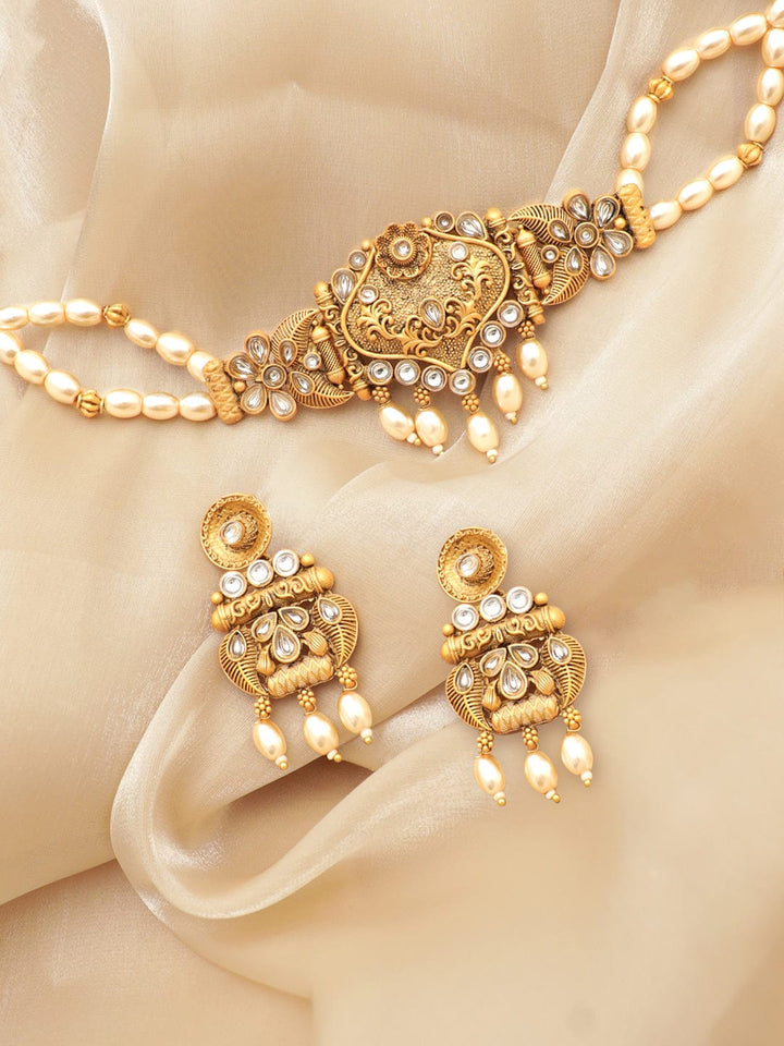 Rubans Gold-Toned Pendant with Off-White Beads Chain Choker Set Choker, Choker set & Kundan Choker set