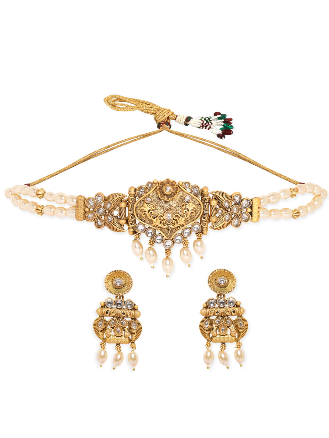 Rubans Gold-Toned Pendant with Off-White Beads Chain Choker Set Choker, Choker set & Kundan Choker set