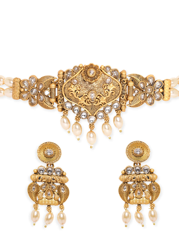 Rubans Gold-Toned Pendant with Off-White Beads Chain Choker Set Choker, Choker set & Kundan Choker set