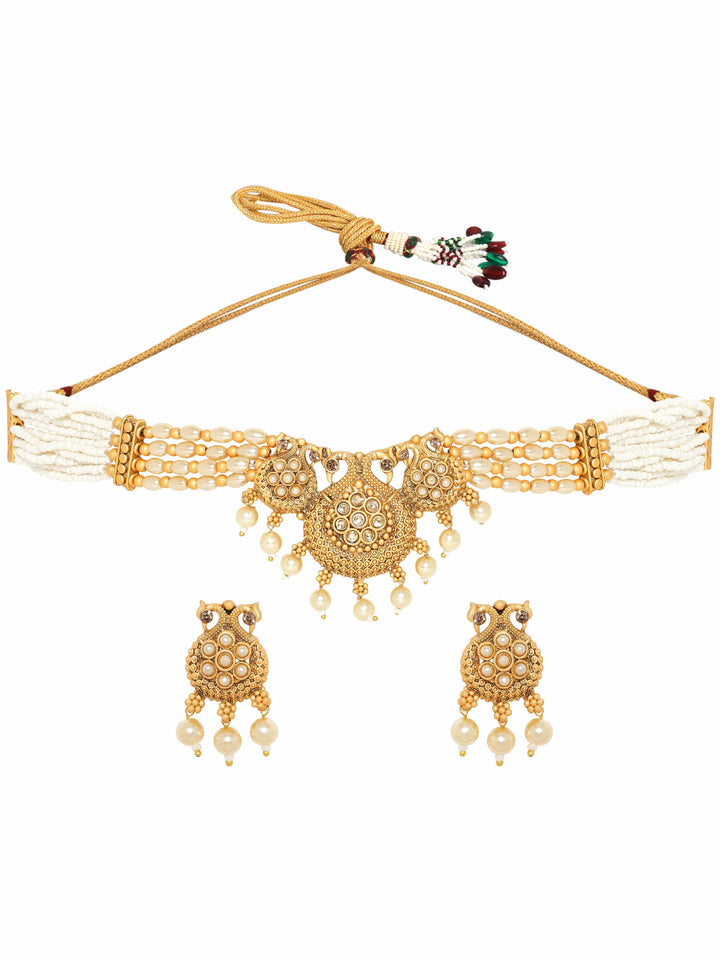 Rubans Gold-Toned Pendant with Off-White Beads Chain Choker Set Jewellery Sets