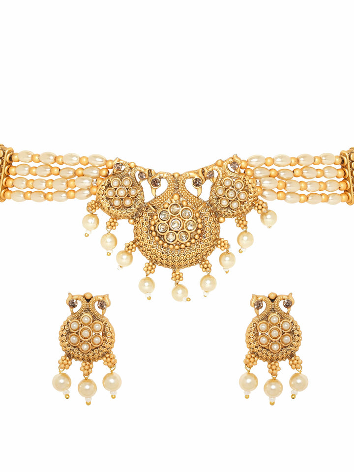 Rubans Gold-Toned Pendant with Off-White Beads Chain Choker Set Jewellery Sets