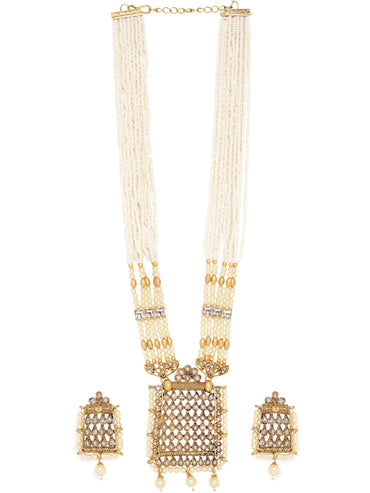 Rubans Gold-Toned Pendant with White Beads Hanging on a Beaded Chain Necklace Set Jewellery Sets