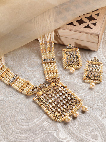 Rubans Gold-Toned Pendant with White Beads Hanging on a Beaded Chain Necklace Set Jewellery Sets