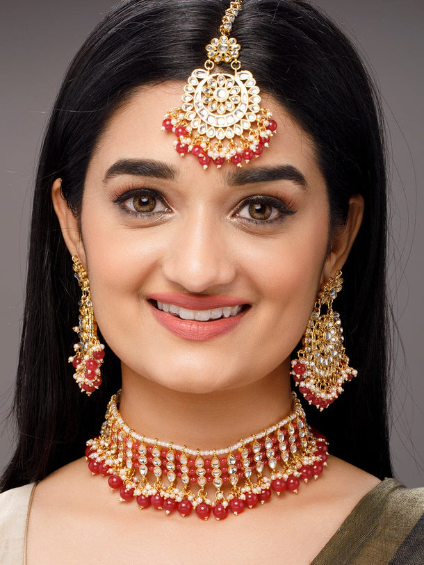 Rubans Gold-Toned & Red Kundan Studded Jewellery Set Jewellery Set