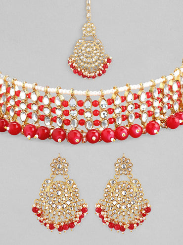 Rubans Gold-Toned & Red Kundan Studded Jewellery Set Jewellery Set